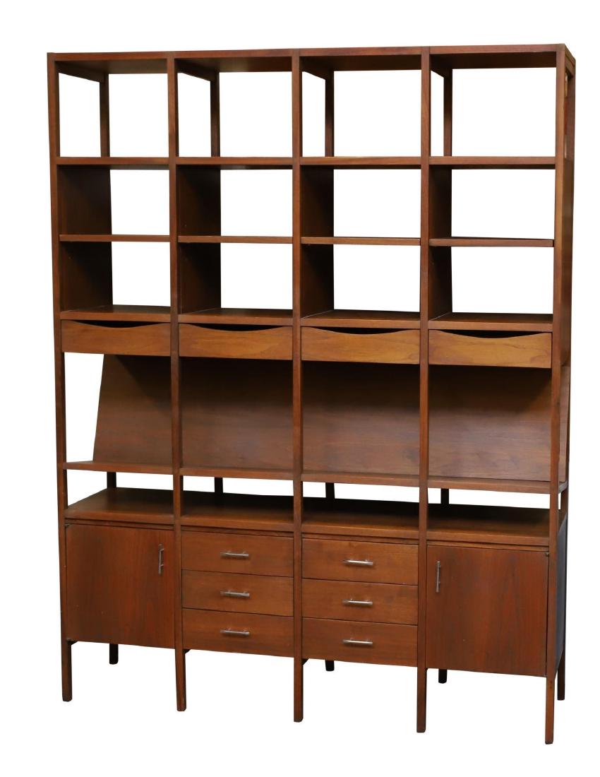 Paul McCobb for Lane Mid-Century Etagere: Walnut with four shelves over four drawers over six drawers flanked by two doors on straight legs. 78”h x 60”w x 16”d