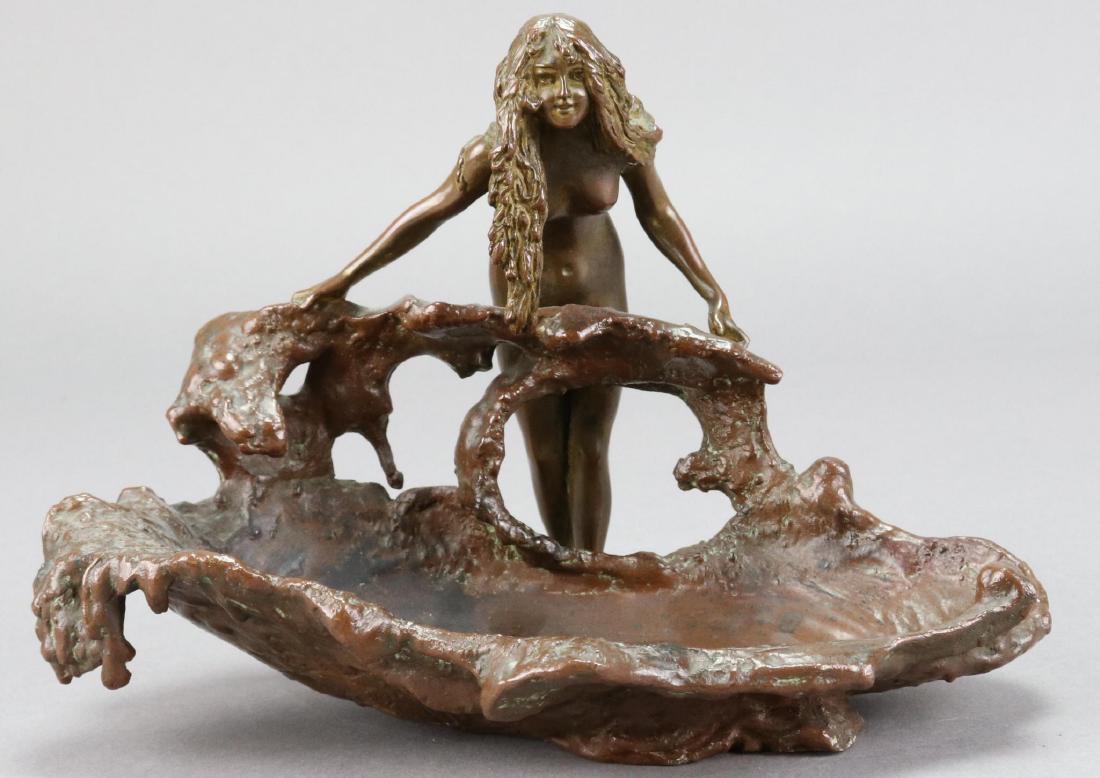 Carl Kauba (1865 - 1922): Bronze, "Vide Poche", signed. Female nude standing over a pool of water. 5.25”h x 7”w x 5”d
