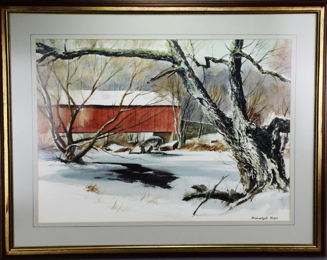 Ranulph Bye (1916 - 2003): Watercolor, "Old Bridge and Willow" Sheards Mill bridge Tohickon creek, near Thatcher. 1965. SLR. 20.5"h x 28"w and 29"h x 37.5"w framed