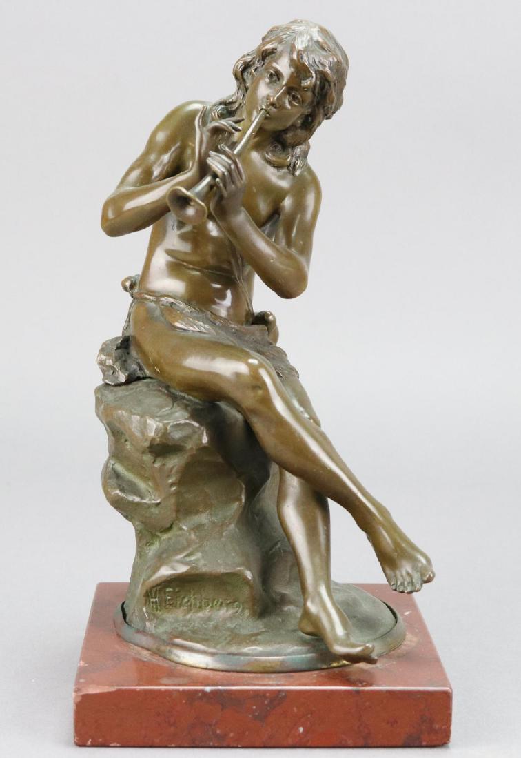 Hermann Eichberg (19/20th c.): Bronze, depicts a seated Pan of Rohallion. 9.5”h x 5”square