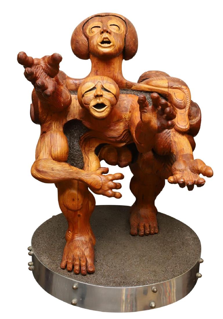 Wayne Forbes (20th c.): Wood carving, "Clonal triad" Surreal figural sculpture. 57"h x 24"w x 24"d