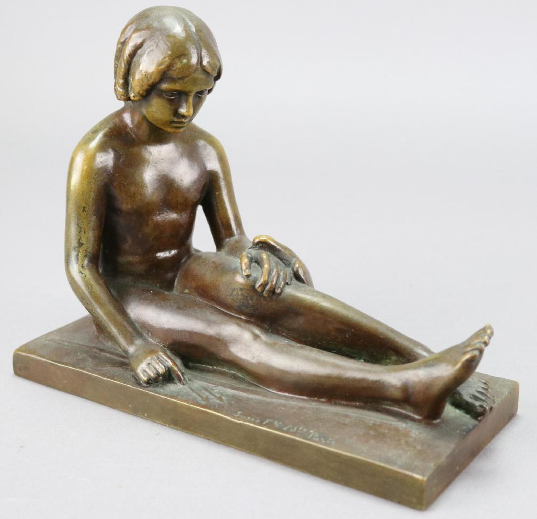 Eugene Bourgoin (1880 - 1924): Bronze, "Femme a la colombe", cast by Susse Freres, Paris. 6.25”h x 7.75”w x 3.25”d
