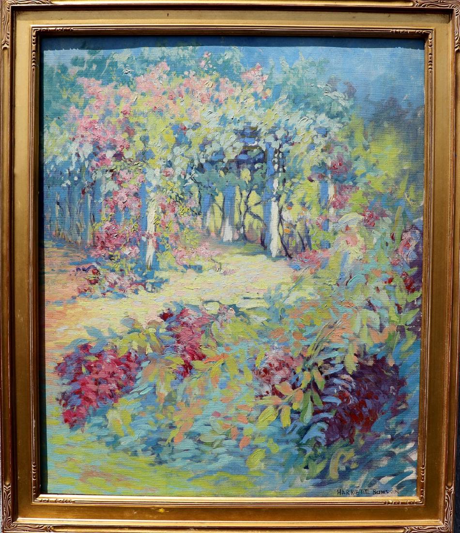 Harriette Bowdoin (1880 - 1947): Oil on canvas, SLR. Impressionist garden scene. 24"h x 20"w and 27"h x 23"w framed