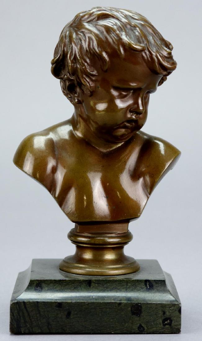 Figural Bronze Sculpture: Bronze, Bust of a young boy, cast by Barbedienne Foundry and has reduction mecanique a collas brevete seal. 6.5"h x 3.25"w x 2.75"d