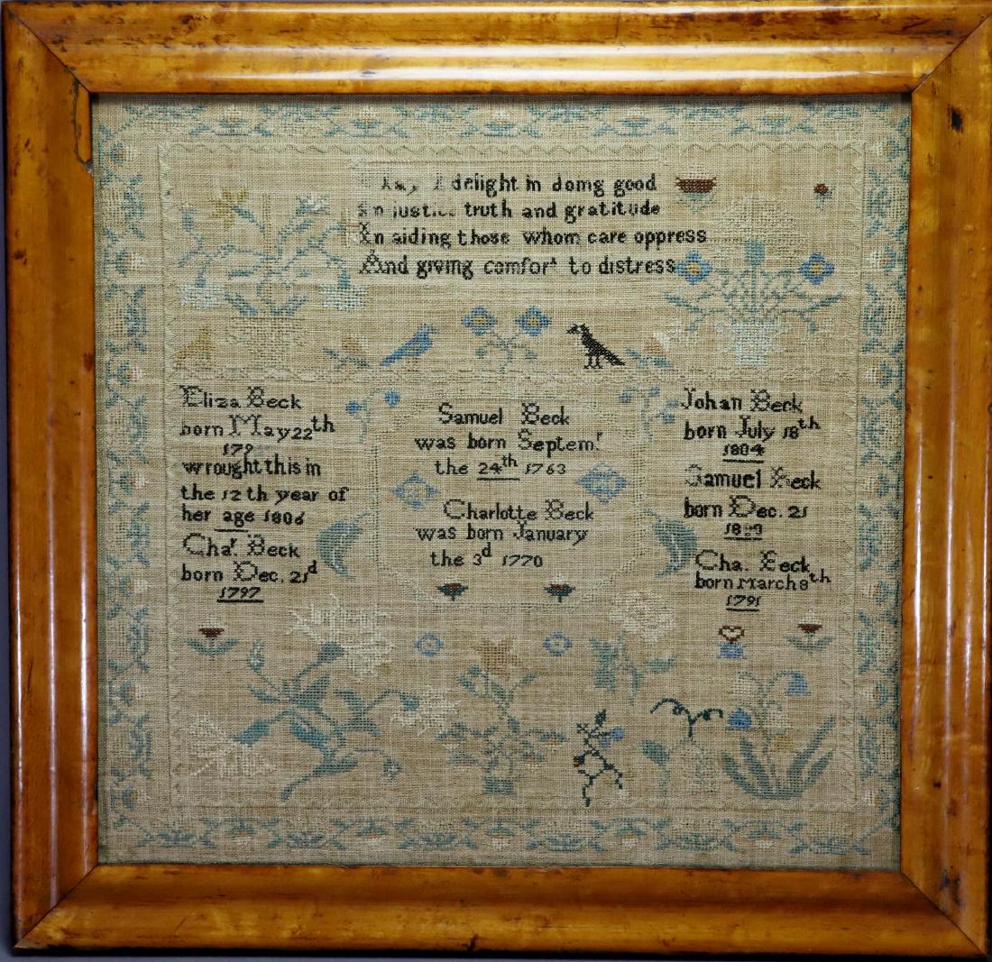19th c. Registry Sampler: Signed and dated Eliza Beck, 1806. Features the names and birth dates of her parents and siblings surrounded by a banded floral decoration. 20"h x 20"w