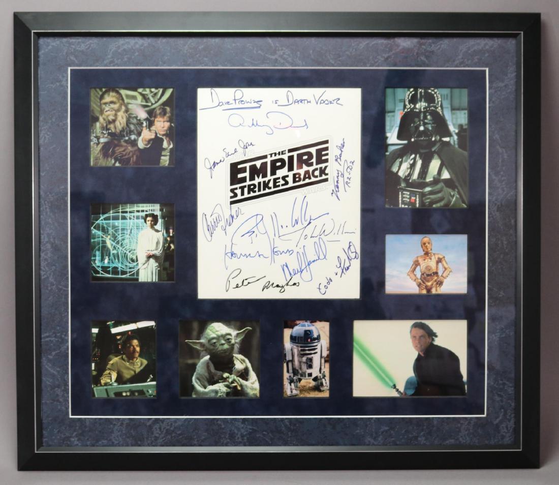 Second Installation of the Star Wars Trilogy Autographs: Signature on the front over of an official white 8.5in x 11in pres kit. Signed by Mark Hamill, Harrison Ford, Carrie Fisher, Peter Mayhew, Billy Dee Williams, Kenny Baker, adding "R2-D2," Anthony Dan