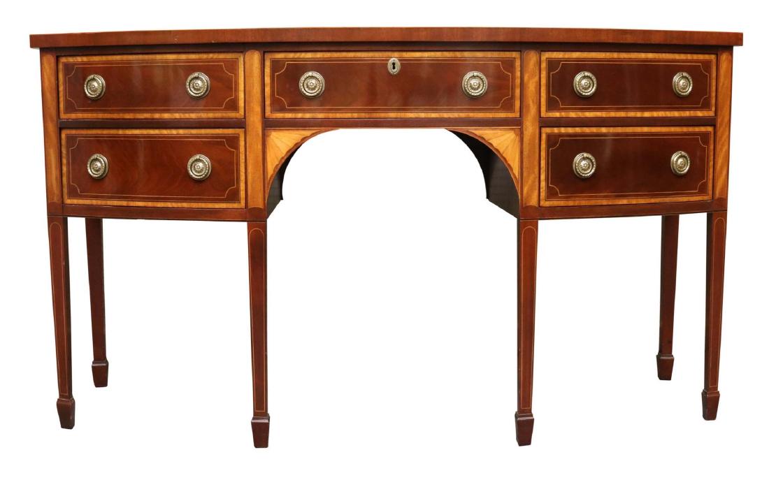 Baker Mahogany and Inlaid Bow Front Sideboard: Banded inlay top and on all five drawers, fan inlay spandrels on spade legs. 38”h x 68”w x 26”d