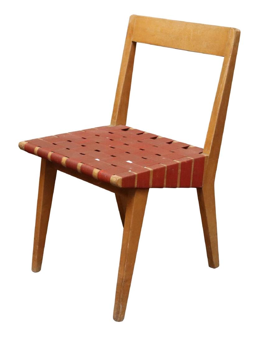 Attributed to Jens Risom for Knoll Side Chair: Mid-century modern side chair with a birchwood laminate frame, tapered legs and nylon woven back and seat. 30”h x 17.5”w x 16.5d