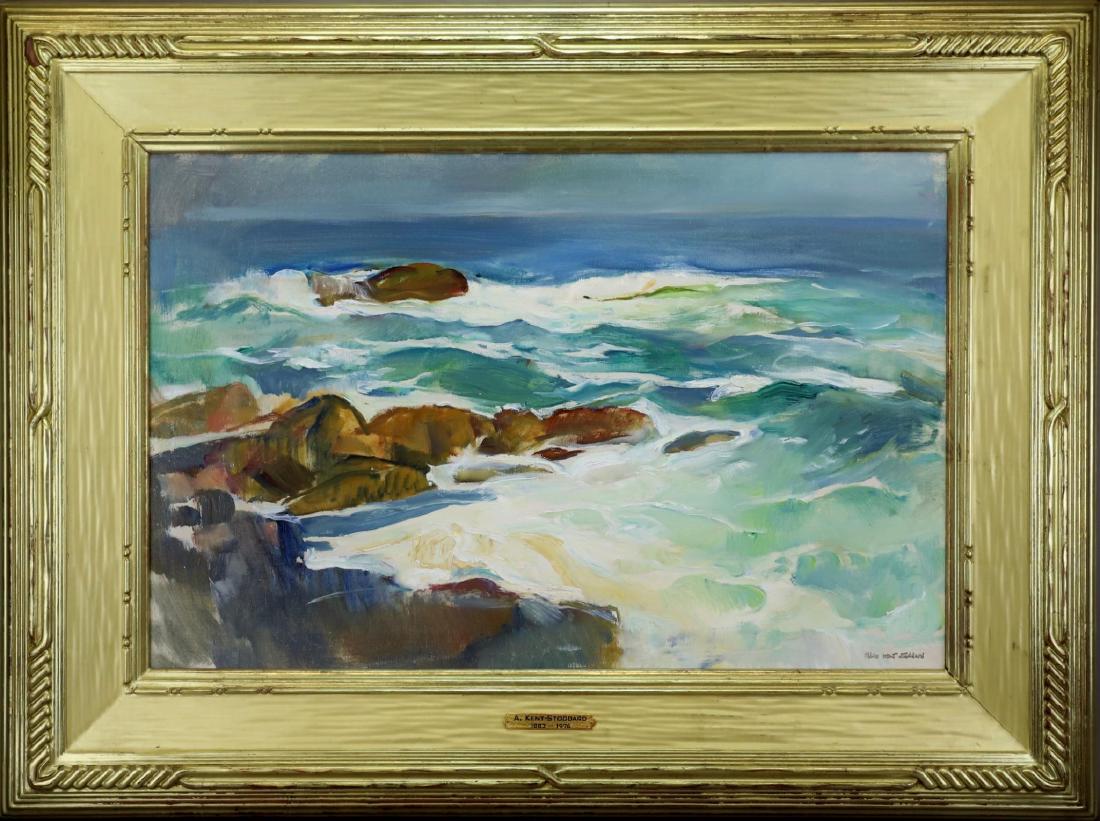 Alice Kent (Pearson) Stoddard (1883 - 1976): Oil on canvas, SLR. Coastal landscape. Retains Estate of A.K. Stoddard stamp en verso. 17"h x 26"w and 26"h x 35"w