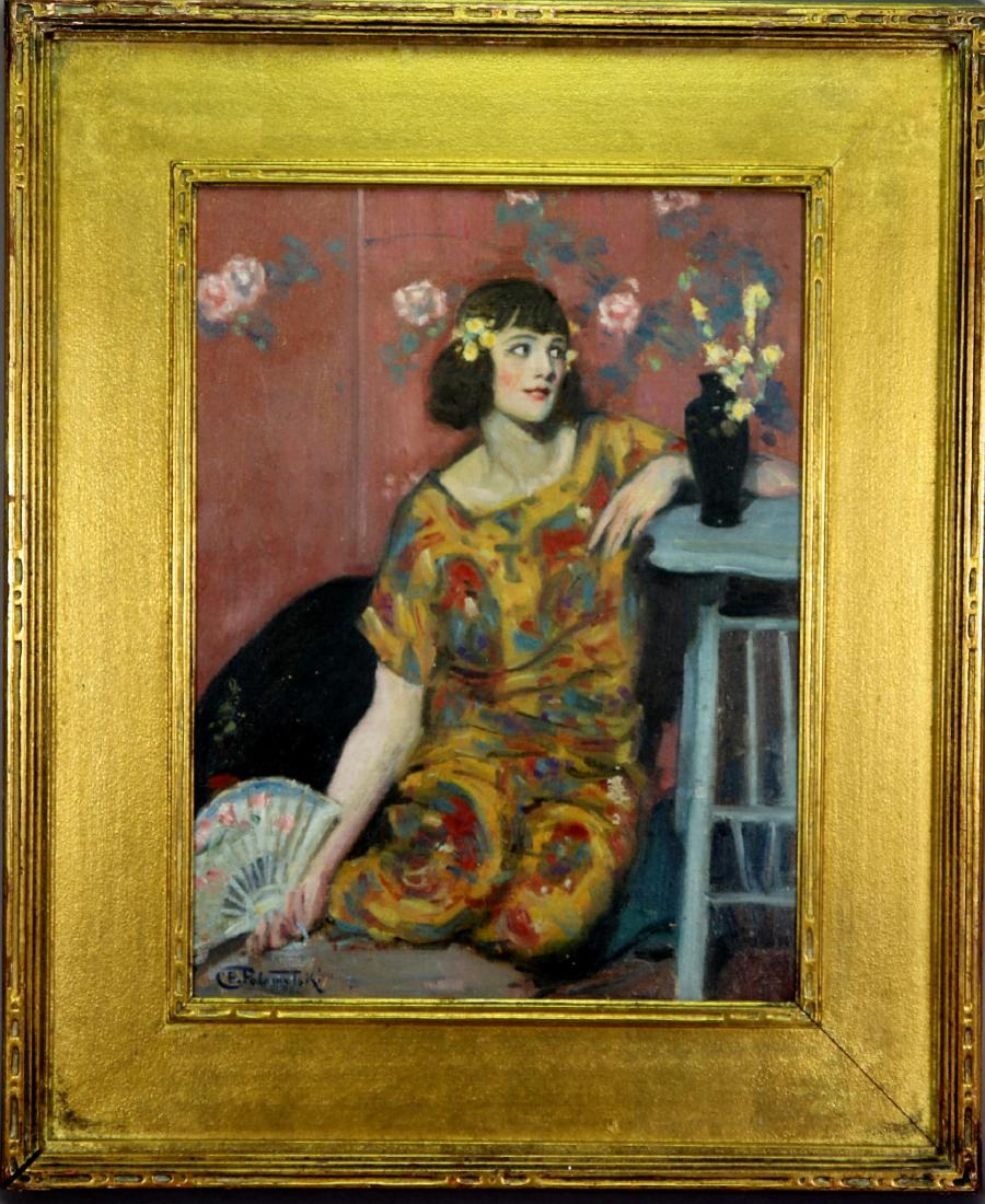 Charles Polowetski (1884 - 1955): Oil on canvas, SLR. Portrait of a woman in a Japanese style setting. 17"h x 12"w and 23"h x 19"w framed