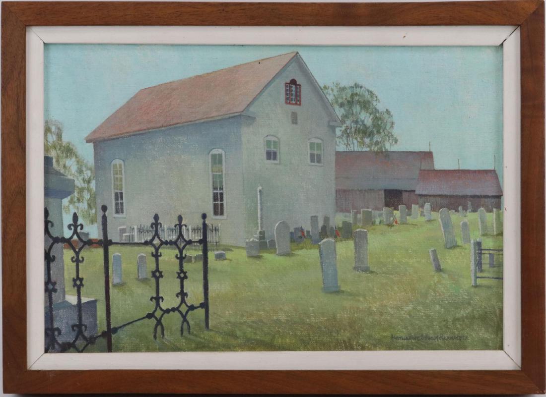Katherine Steele Renninger, American 1925-2004: St. Lukes United Church of Christ, Ottsville, Pa, known as teh Red Hill Church, oil on masonite. Signed lower right, titled reverse. 10"h x 15"w