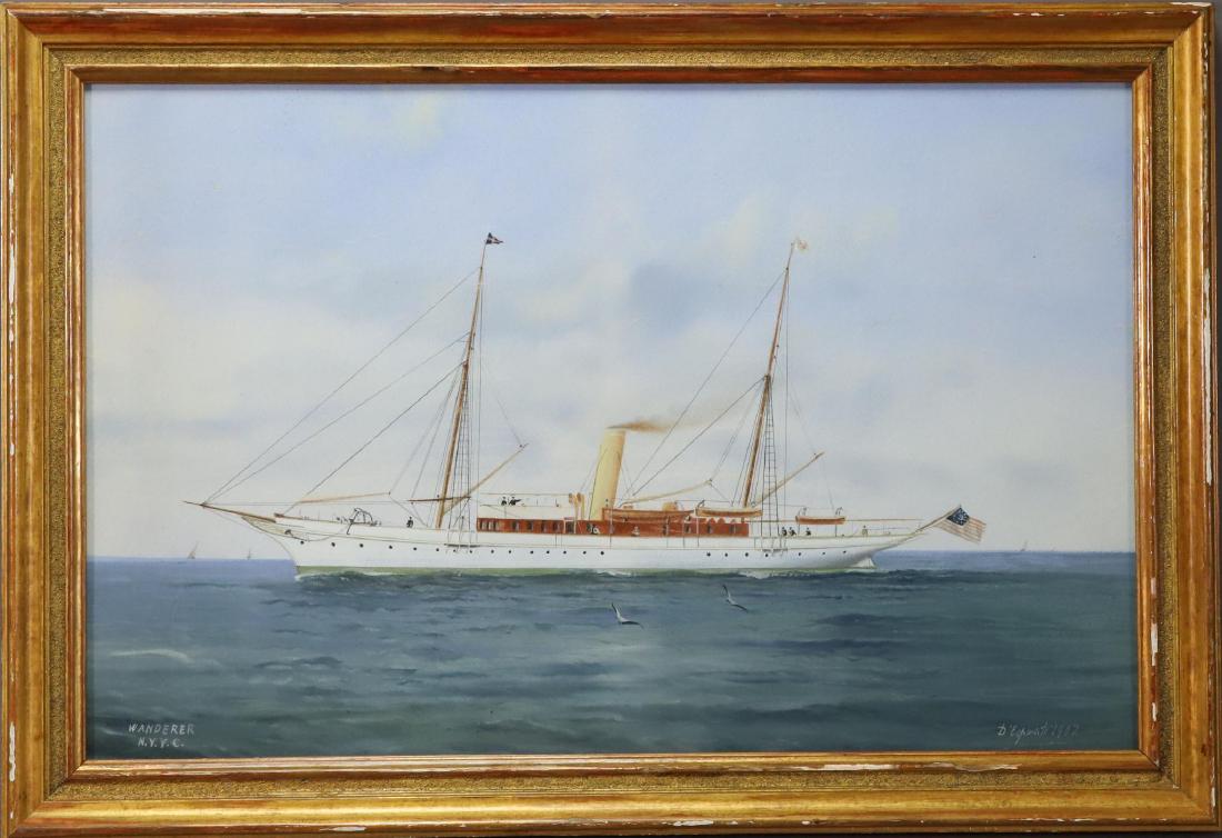 Gaetano Esposito (1858 - 1911): Gouache, "Wanderer" 1902, SDLR. A serene scene of the steam sail yacht the "Wanderer" of the New York Yacht Club. 11.5"h x 18"w sight and 14"h x 21"w framed