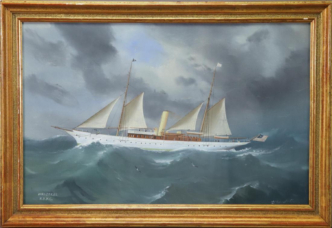 Gaetano Esposito (1858 - 1911): Gouache, "Wanderer" 1902, SDLR. A stormy scene of the steam sail yacht the "Wanderer" of the New York Yacht Club. 11.5"h x 18"w sight and 14"h x 21"w framed