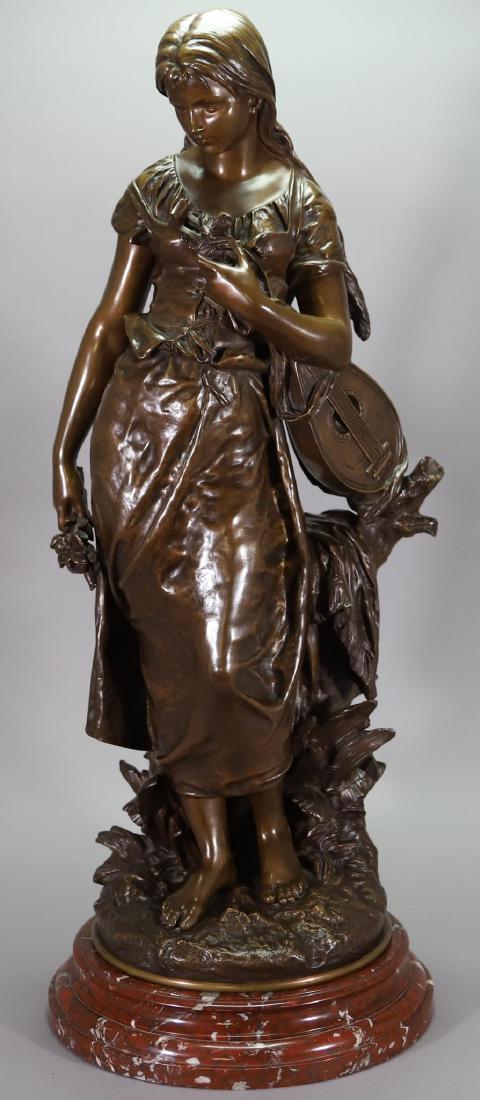 Hippolyte Francois Moreau (1832 - 1927): Bronze, signed. In the style of "Le Reve" with a young peasant girl standing with a lute. 29.5"h x 12.5"w x 10"d