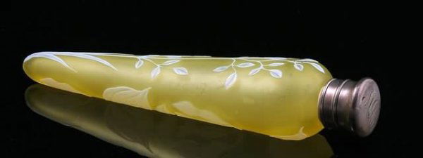 Thomas Webb Style Cameo Perfume Vial: With floral design on lemon ground, silver screw cap with monogram, lacks internal stopper, 6" long. Shipping: $18