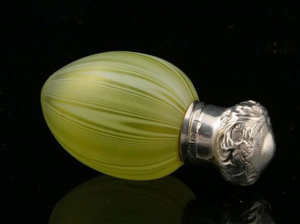 English Victorian Miniature Figural Shaped Vial: Possibly Thomas Webb with silver chased screw top, gooseberry shape, 1 1/2" long. Shipping: $18