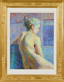 In the Manner of John Pierce Barnes: Study of a nude figure, oil on canvas board, 14 1/2" x 11" (sight), unsigned. Ship: $28 plus insurance.