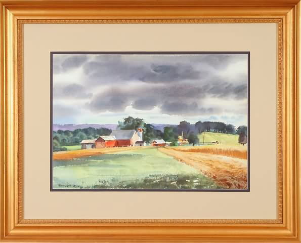 Ranulph Bye: Farm landscape with dramatic sky, watercolor, 14 1/2" x 21" (sight), SLL "Ranulph Bye". Artist: American, 1916-2003. Ship: $40 plus insurance.