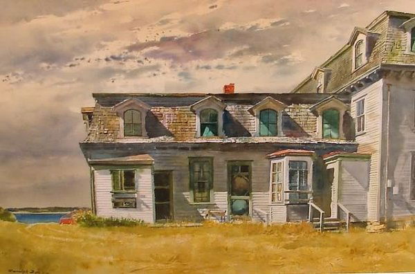 Ranulph Bye: "The Shamrock", Block Island, Rhode Island, watercolor, 22" x 33" (sight), SLL "Ranulph Bye '91", Phillips Mill 64th Annual Exhibition (1993) label verso, American Watercolor Society exhibition label
