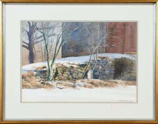 Ranulph Bye: Winter scene at edge of barn, watercolor, 14 1/2" x 21" (sight), SLR "Ranulph Bye". Artist: American, 1916-2003. Ship: $40 plus insurance.