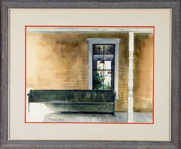Ranulph Bye: "The Green Bench", watercolor, 16" x 22" (sight), SLL "Ranulph Bye". Artist: American, 1916-2003. Ship: $40 plus insurance.