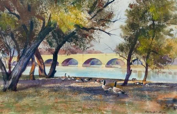 Ranulph Bye: "West River Drive", Canadian geese by the water, watercolor, 14" x 21 1/2" (sight), SLR "Ranulph Bye", Newman Galleries label verso. Artist: American, 1916-2003. Ship: $40 plus insurance.
