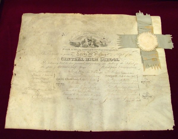 High School Diploma-Philadelphia 1855