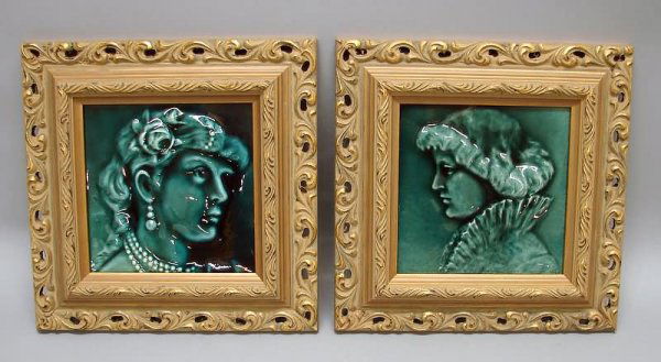 Pairs of Tiles with Pendant Portraits: Dark blue glaze, The Providential Tile Works, Trenton, 6" x 6"; framed. Mintons, Hollins & Co., Stoke on Trent; dog chasing bird and hunter shooting at birds from punt, teal glaze. Ship: $23 plus insu