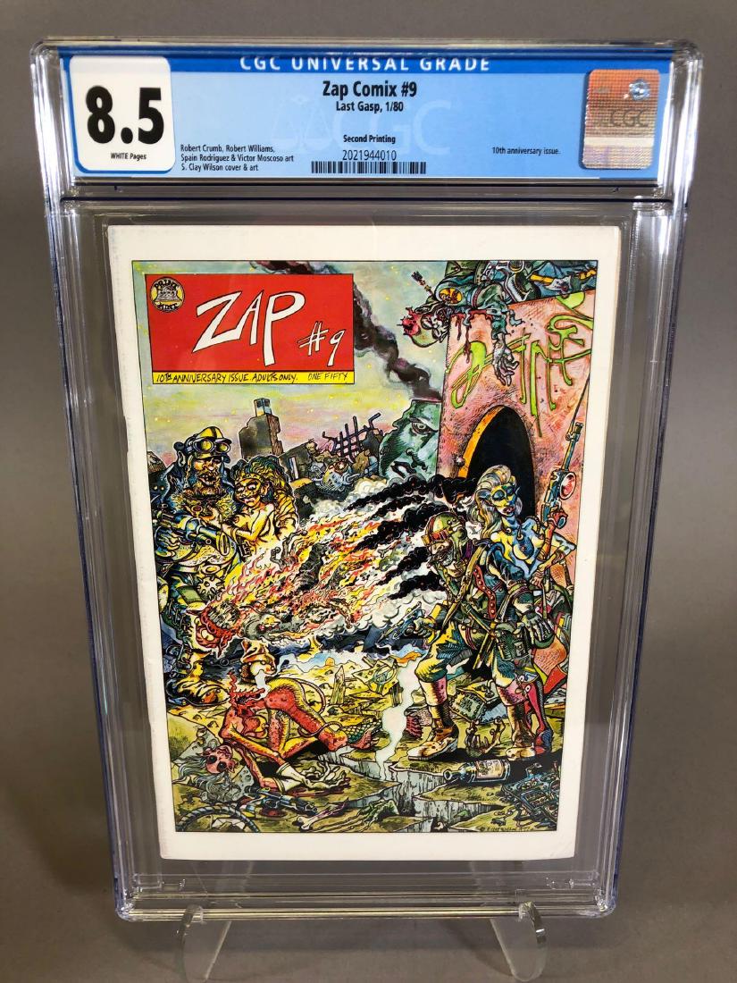 Zap Comix #9, 1/80, CGC 8.5: Robert Crumb, Robert Williams, Spain Rodriguez & Victor Moscoso art, S. Clay Wilson cover & art, 10th anniversary issue. 2nd printing
