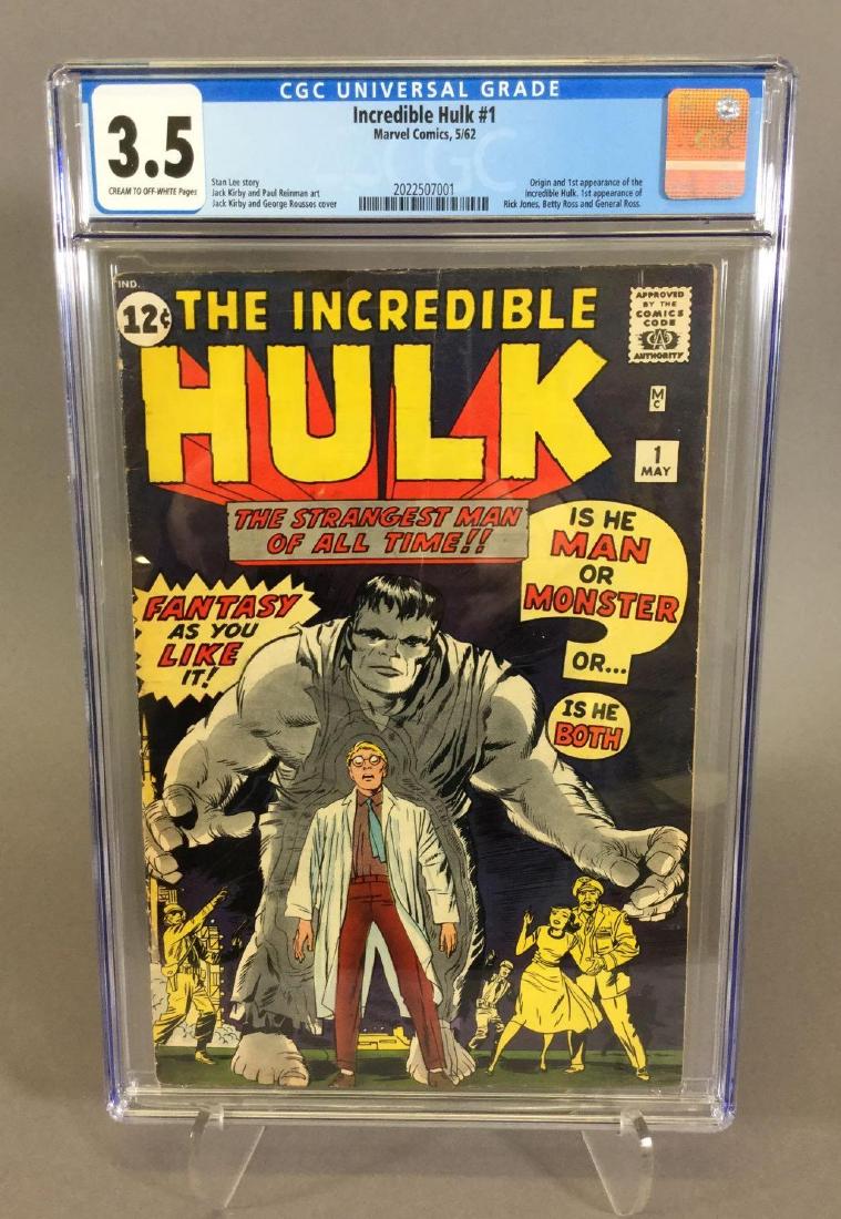 Incredible Hulk #1, 5/62, CGC 3.5: Stan Lee story, Jack Kirby and Paul Reinman art, Jack Kirby and George Roussos cover; origin and 1st appearance of the Incredible Hulk, 1st appearance of Rick Jones, Betty Ross and General Ross
