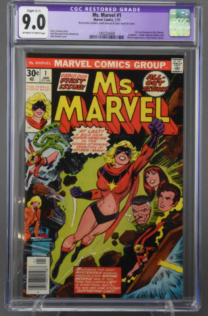 Ms. Marvel #1 CGC (R) 9.0: 1/77, 1st Carol Danvers as Ms. Marvel. Scorpion, J. Jonah Jameson & Mary Jane Watson appearance. Peter Parker Cameo. Slight C-1 Restoration includes small amount of color touch on cover.