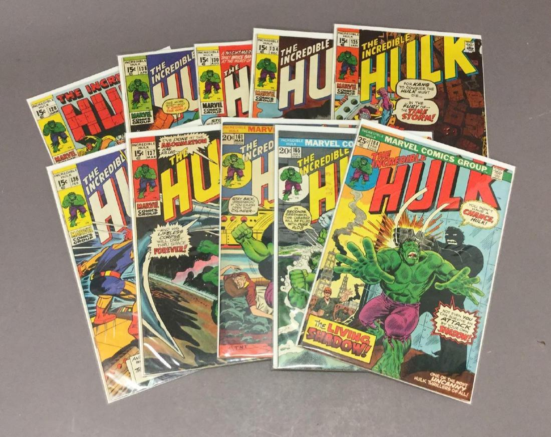 Ten Hulk- Silver and Bronze Age Comics- #128-#184: Includes first appearance of The Golem-Xeron-Aquon, The Mimic dies, Kang-Black Panther-Adventures-The Beast appearance. Herb Trumpe cover art. Comics appear to be in fine+ to near mint condition.