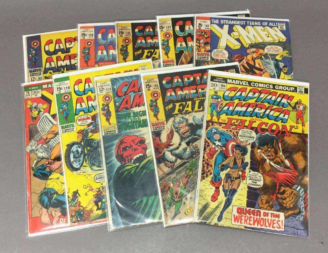 Ten Captain America and X-Men- Silver and Bronze Age: Includes first appearance of Nightshade-The Hood, last 12 cent comic, Bondage and Redskull covers, marvel girl pinup, Gil Kane-Romita-Kirby art, Stan Lee stories. Comics appeat to be in very good+ to 