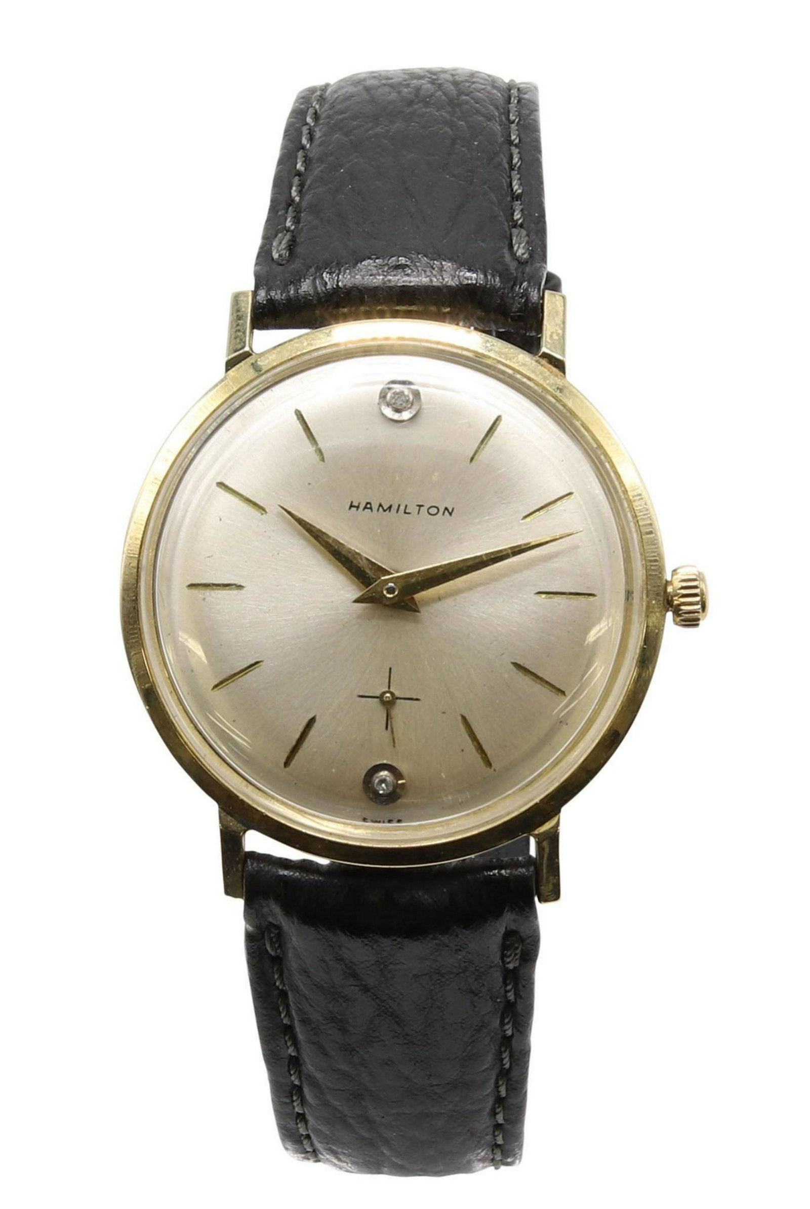 Hamilton 14KY Gold Wrist Watch: 33mm diameter. Diamond chips at 12 and 6. Black leather Seiko band.