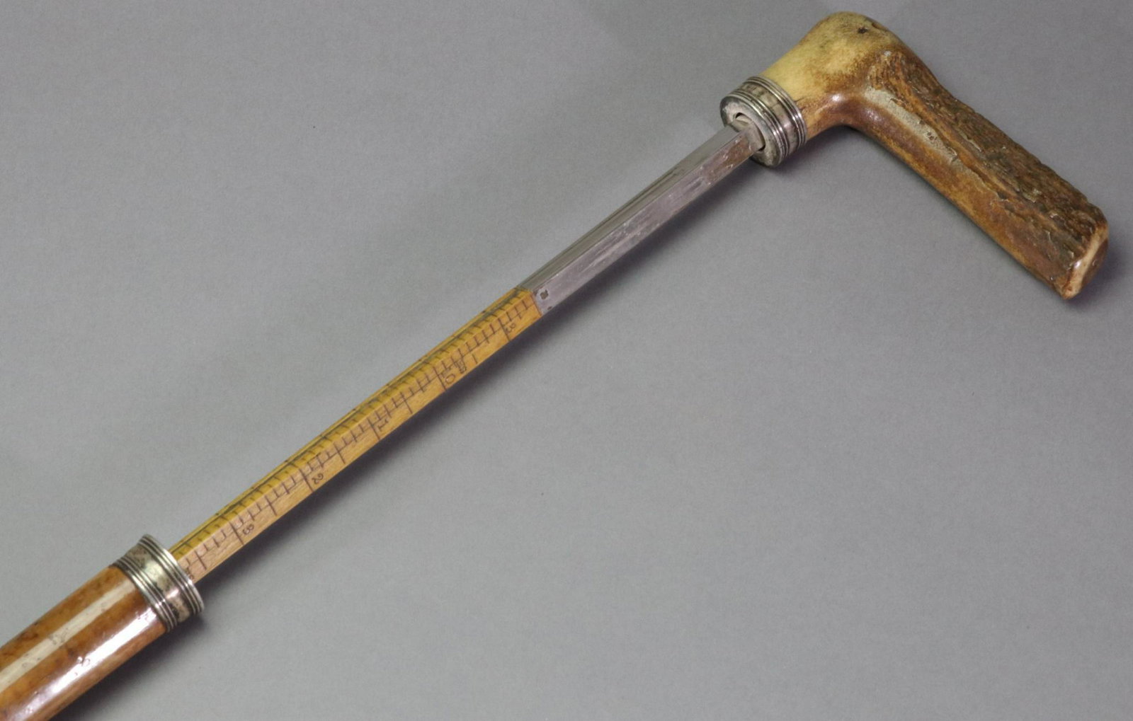 Tiffany Sterling and Stag Horse Measure: Stag handle with Tiffany and Co. sterling bands, shaft is yew wood. 36.5"h x 5"w