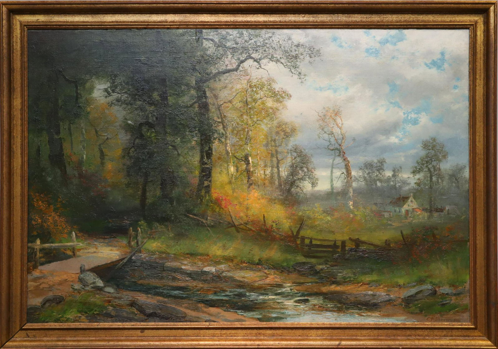Christopher High Shearer (1846 - 1926): Oil on canvas, SDLR, 1910. Autumn landscape of a forest, stream and cottage. 36"h x 54"w and 42"h x 60"w framed. Provenance: The Collection of Richard E. and Elisabeth S. Poole