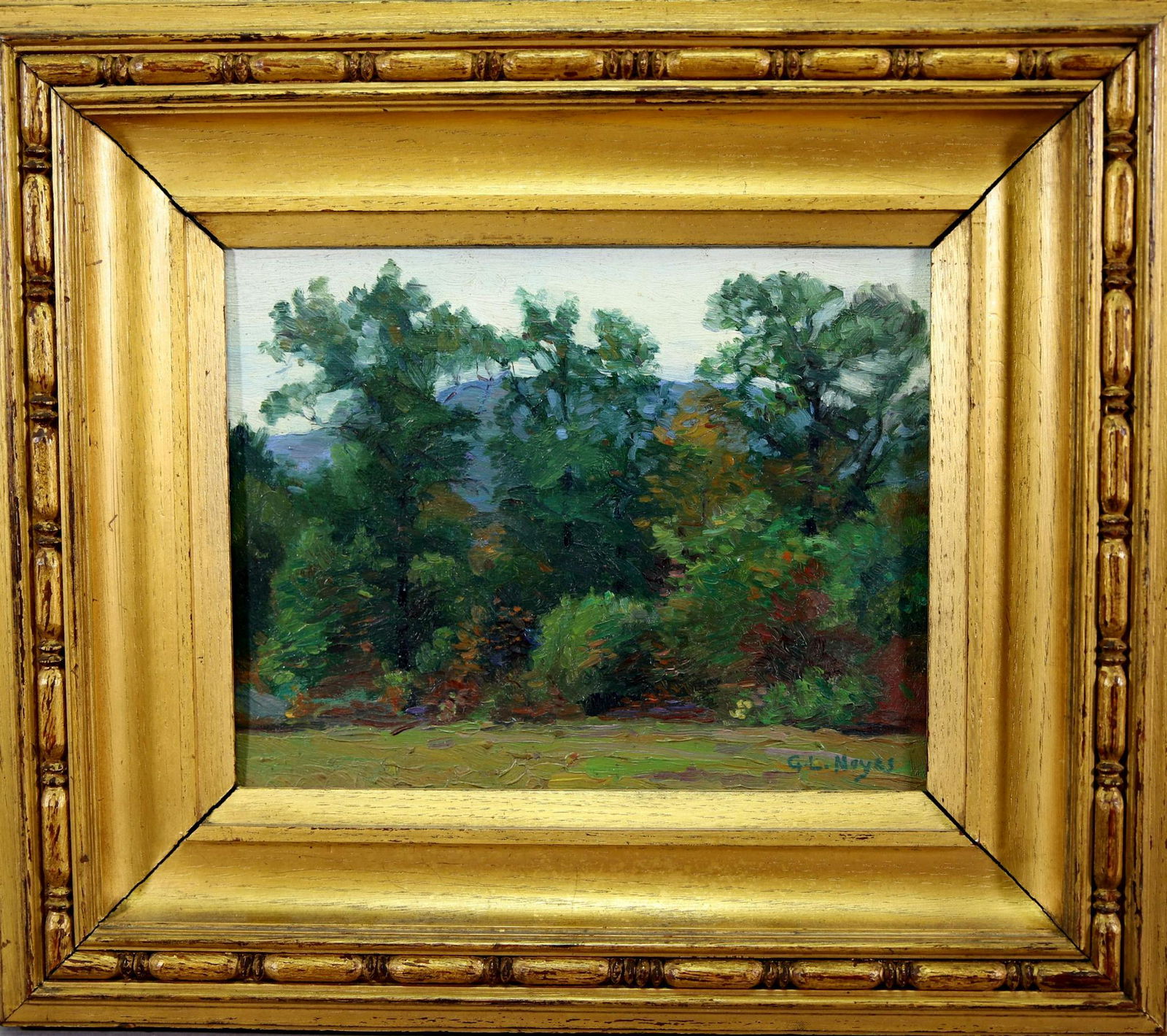George Loftus Noyes (1864 - 1954): Oil on board, SLR. Impressionist forest landscape. 7.5"h x 9.5"w and 13.5"h x 15.5"w framed. Provenance: The Collection of Richard E. and Elisabeth S. Poole