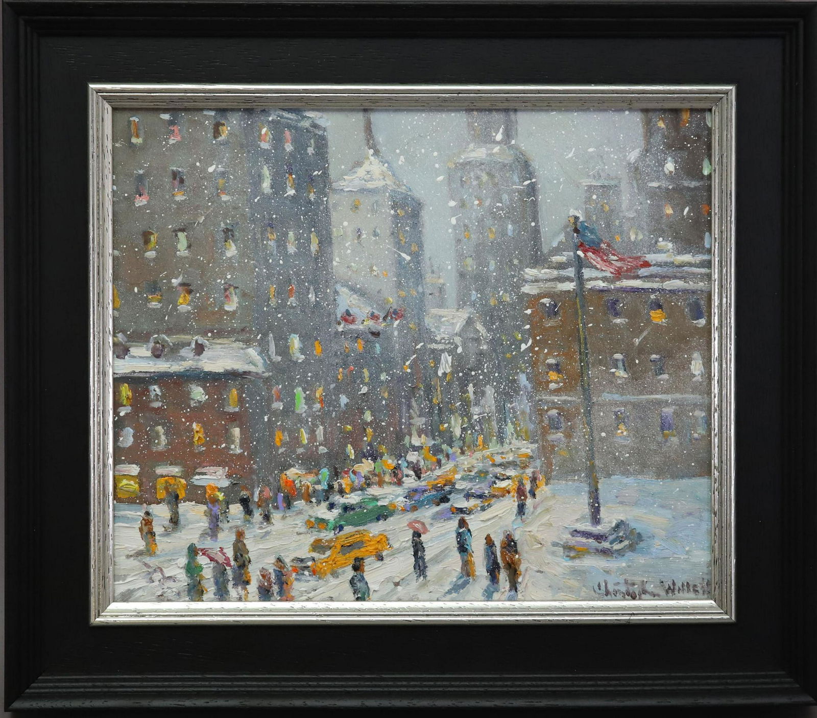 Christopher Willett (born 1959): Oil on board, "Manhattan NY", SLR and en verso. Winter landscape of Manhattan. 10"h x 12"w and 13.5"h x 15.5"w framed.