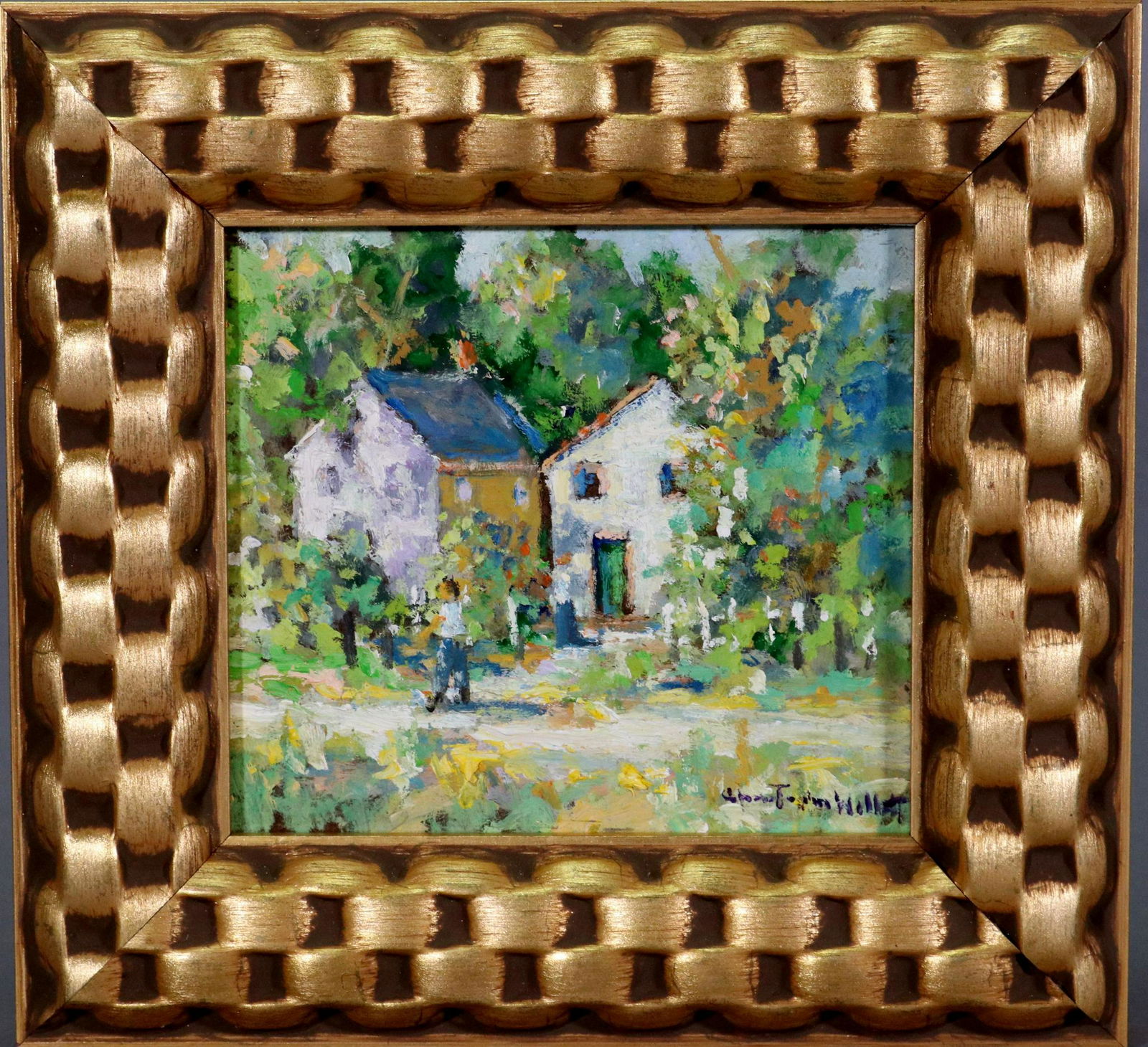 Christopher Willett (born 1959): Oil on board, "Canal House, New Hope", SLR and en verso. Impressionist landscape. 4.5"h x 5" w and 7"h x 7.5"w