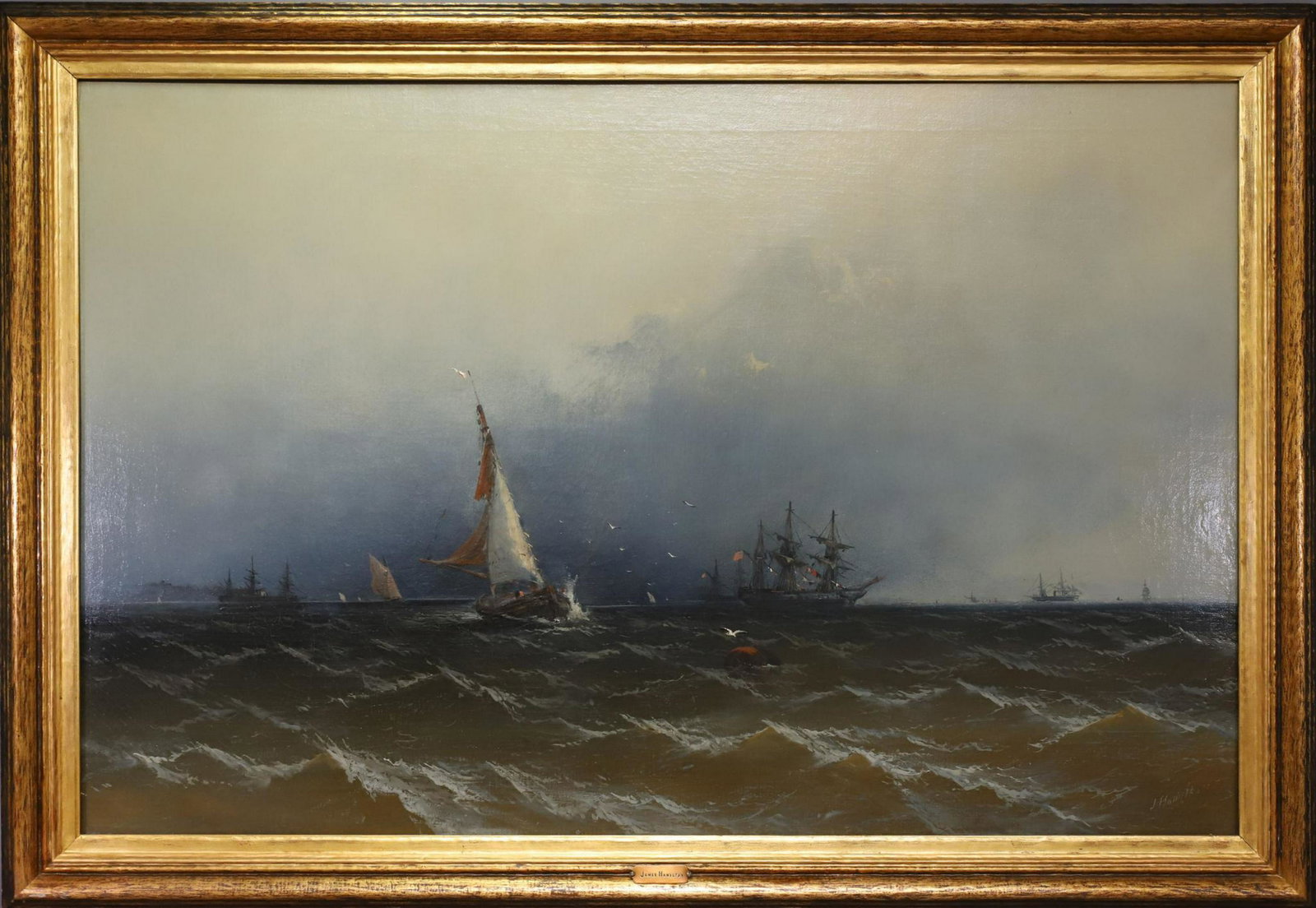 James Hamilton (1819 - 1878): Oil on canvas, "Channel Scenery - Showery Weather" Painted for Mr. Gabrylowitz" 30"h x 45"w and 35"h x 50"w framed. Provenance: The Collection of Richard E. and Elisabeth S. Poole