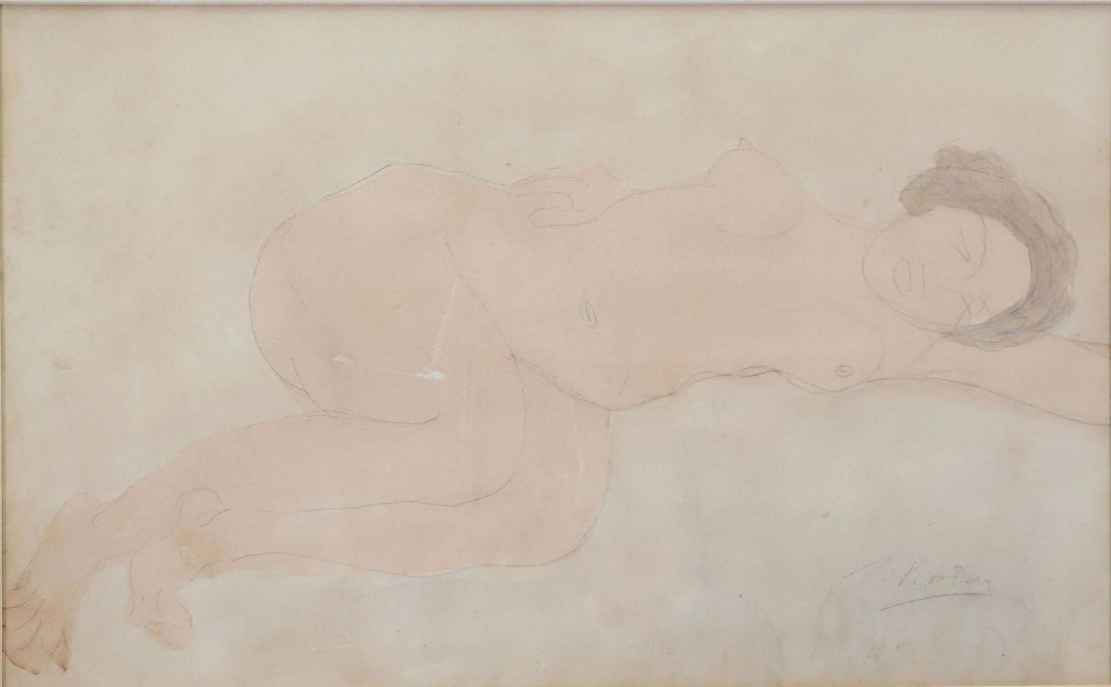 Auguste Rodin (1840 - 1917): Watercolor, SLR. Reclining nude. Provenance: From Jules Ephraim Mastbaum, philanthropist who donated the Rodin museum to Philadelphia, through family descent. 8.5"h x 13.5"w sight and 16.25"h x 21.5"