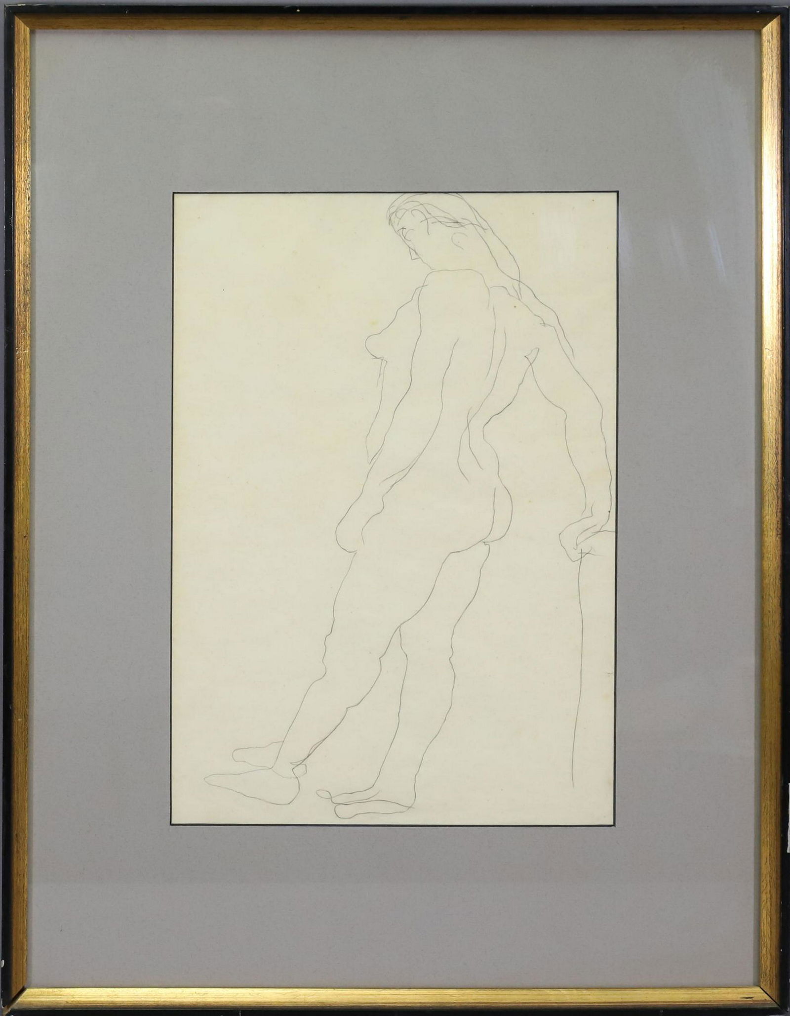 Auguste Rodin (1840 - 1917): Pencil on paper, unsigned, figural sketch of a woman. From Jules Ephraim Mastbaum, philanthropist who donated the Rodin museum to Philadelphia, through family descent. 13.5"h x 9.5"w sight and 21.5"h