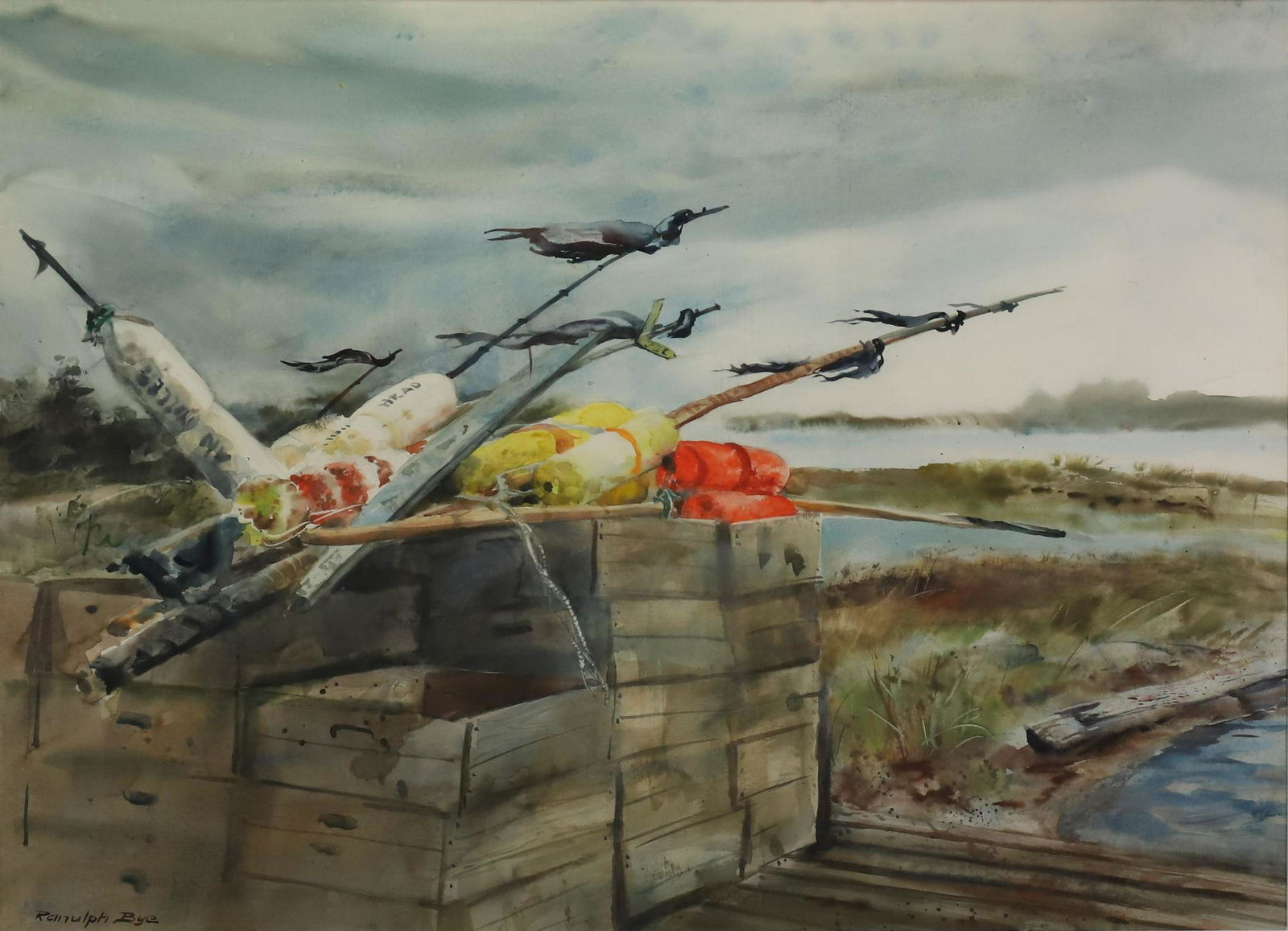 Ranulph Bye (1916 - 2003): Watercolor, SLL, Landscape of windswept fishing supplies on a dock. 20"h x 27.5"w and 28.75"h x 36"w framed. Provenance: The Collection of Richard E. and Elisabeth S. Poole