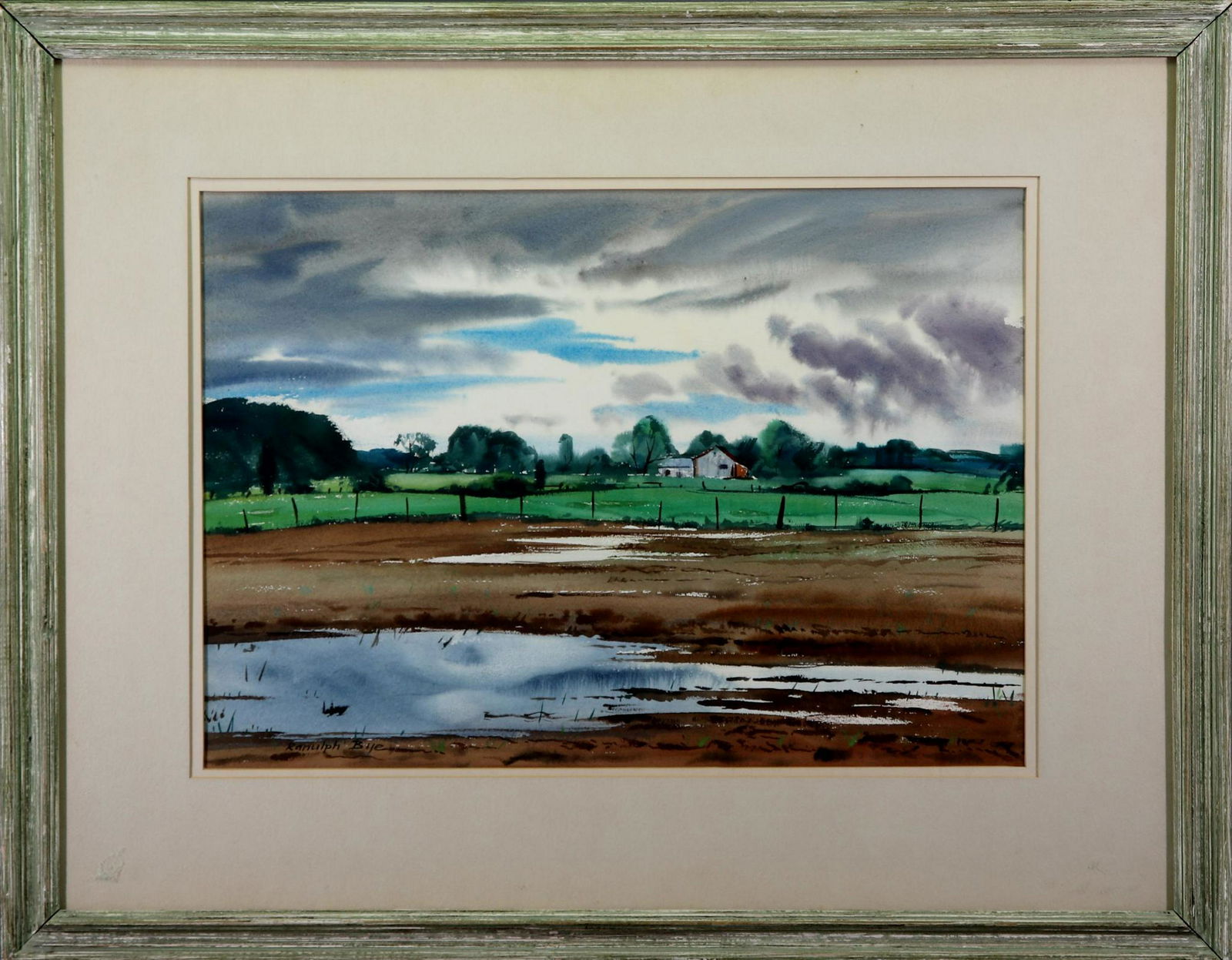 Ranulph Bye (1916 - 2003): Watercolor, SLL. Pastoral landscape of a farm and homestead. 15"h x 22"w sight and 25.5"h x 32.5"w framed. Provenance: The Collection of Richard E. and Elisabeth S. Poole
