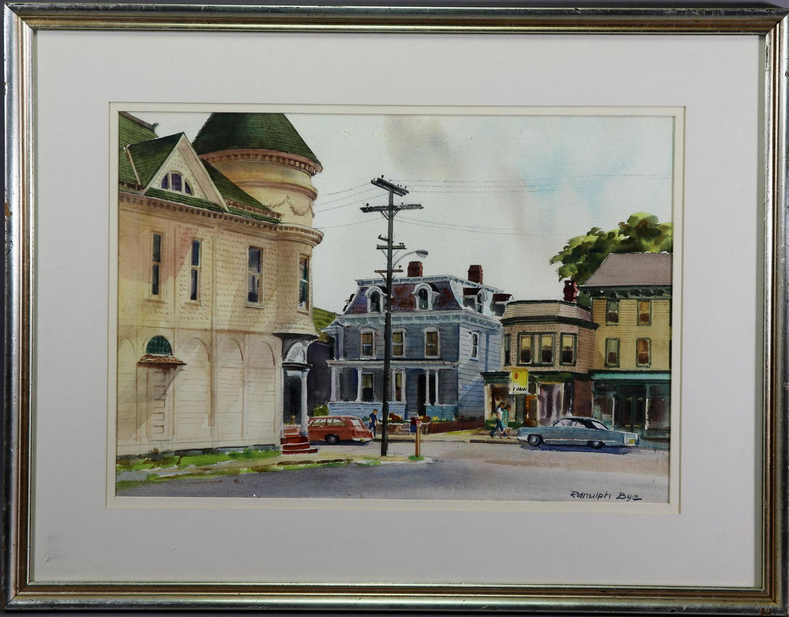 Ranulph Bye (1916 - 2003): Watercolor, "Central Ave. and Main St., Greenport, Long Island, N.Y." SLR. Urban landscape. 14.25"h x 20.5"w sight and 22.5"h x 29"w framed. Provenance: The Collection of Richard E. and Elisabeth S. P