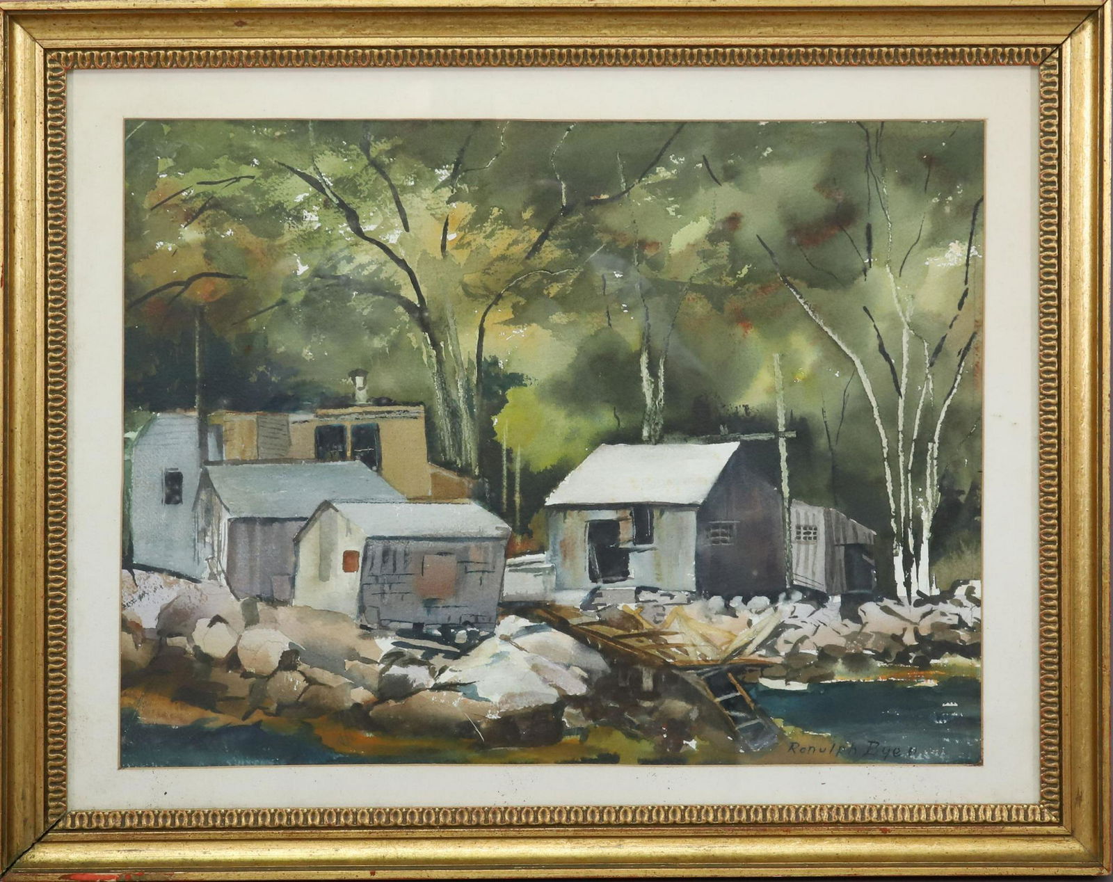 Ranulph Bye (1916 - 2003): Watercolor, "Along the Delaware, Riegelsville". Landscape of a stream with outbuildings. 13.5"h x 18.5"w sight and 18.5"h x 23.5"w framed.