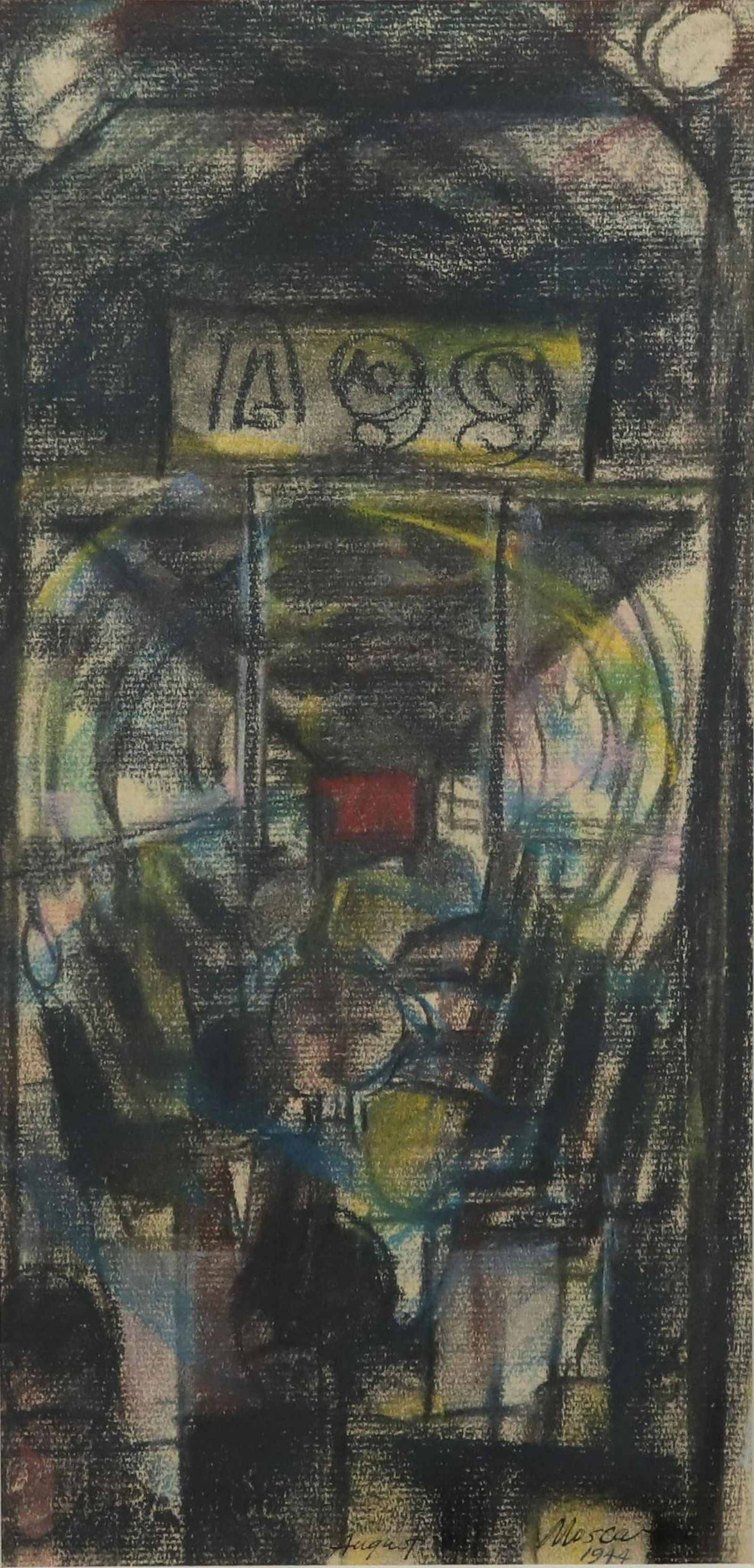 August Mosca (1909 - 2002): Pastel, "A-99 Straphangers", SDLC 1940. Gallery tags en verso include Grand Central Art galleries, ACA Galleries, and Daniel E. Lewitt Fine Art and new jersey gallery. 14"h x 7"w and 23.5"h x 15.5"w