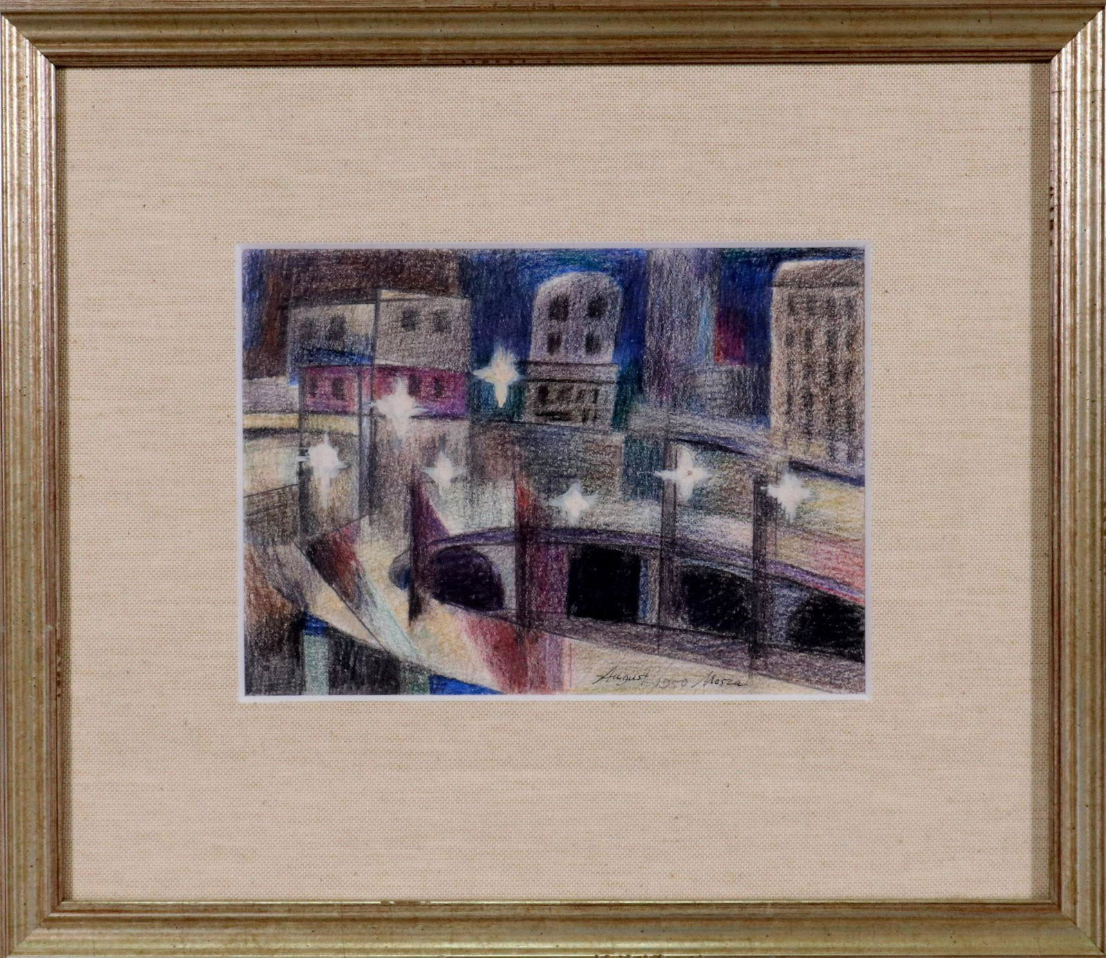 August Mosca (1909 - 2002): Conte crayon, "Approach to the tunnel from Weehawken" SDLR, 1950. Gallery tags en verso include ACA Galleries and Daniel E. Lewitt Fine Art. 5"h x 7"w and 11"h x 13"w framed