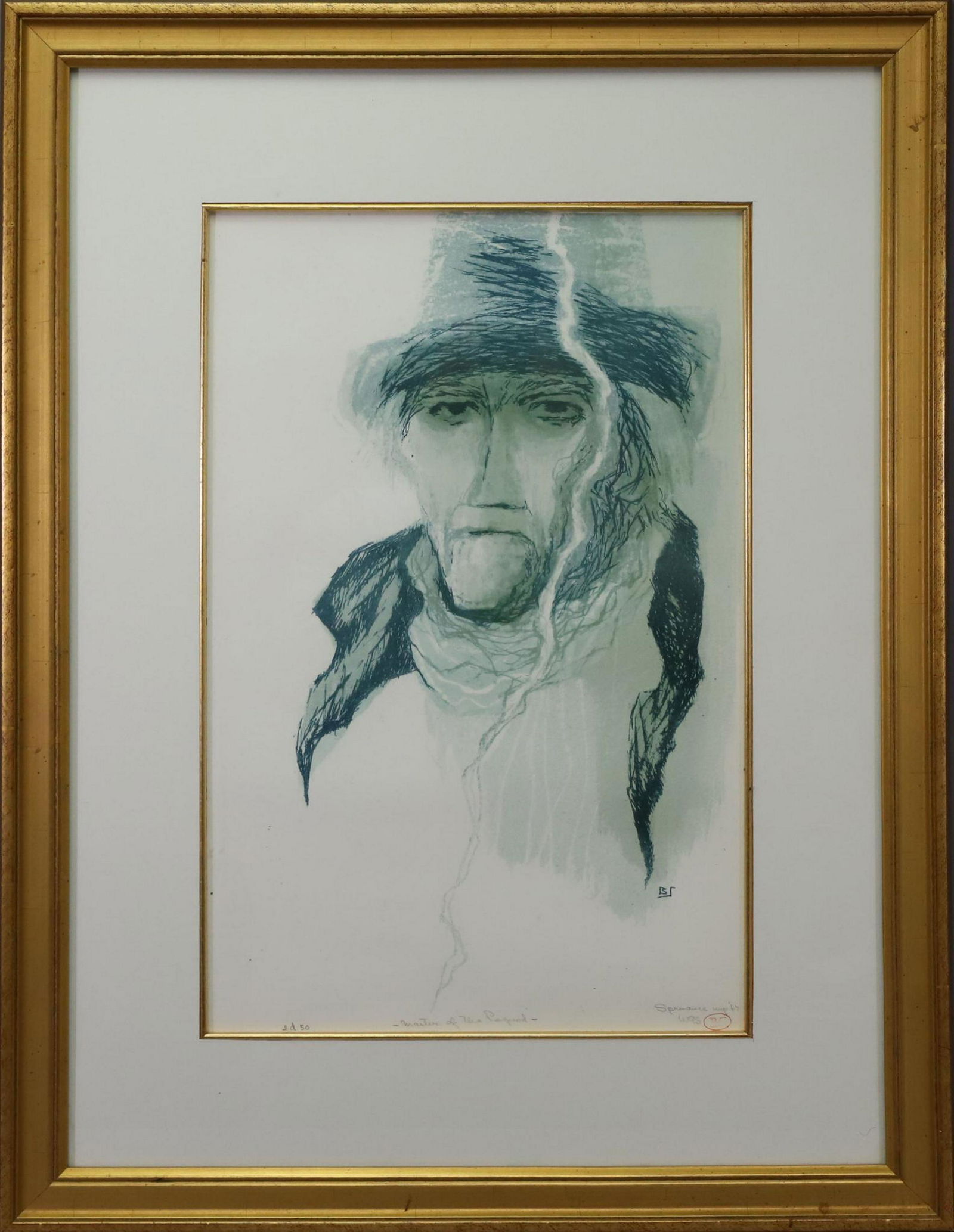 Benton Spruance (1904 - 1967): Lithograph, "Master of the Pequod" from the Moby Dick: Passion of the Ahab" series. Pencil signed and artist stamped lower right. 18.25"h x 12"w sight and 28"h x 21"w framed