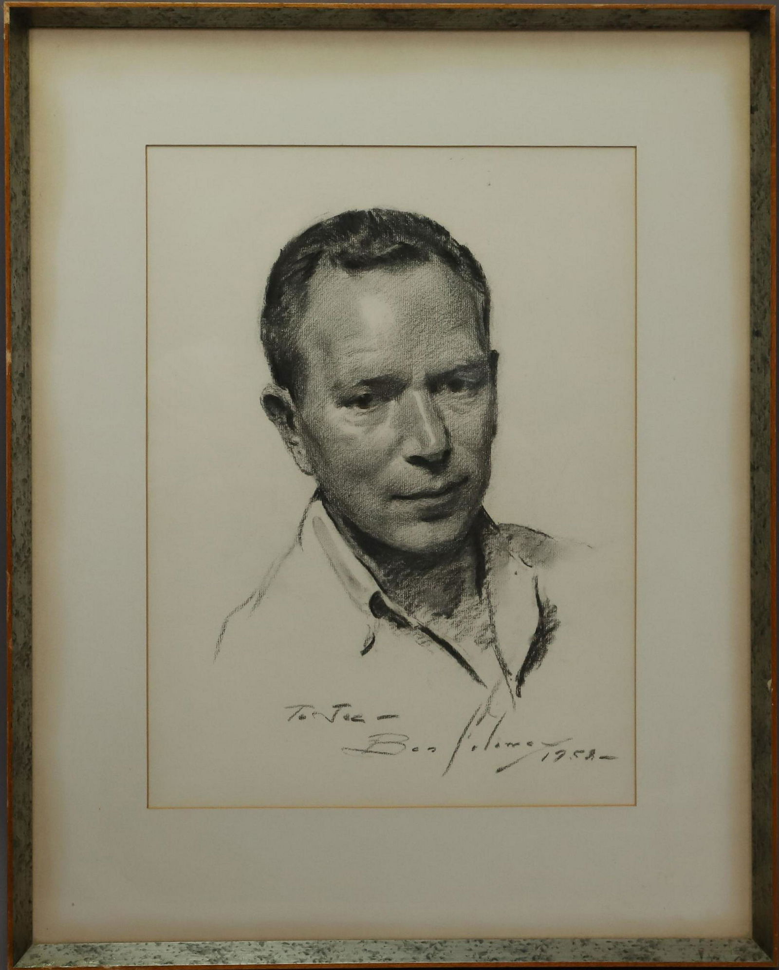 Ben Solowey (1900 - 1978): Charcoal on paper, "Portrait of Joseph Greenberg', SDLR. Retains Woodmere Art Gallery exhibition tag. 16.25"h x 12"w sight and 23.5"h x 18.5"w